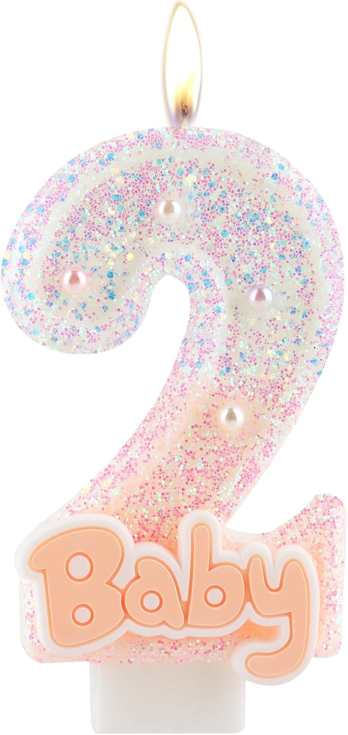 Pink Baby Number 2 Birthday Candle, 2.8in Cute Shiny 1st Happy Birthday Candle with Tray & Stick Girls Two Candle for 2nd Birthday Ideal Birthday Parties Cake Decoration & Gifts