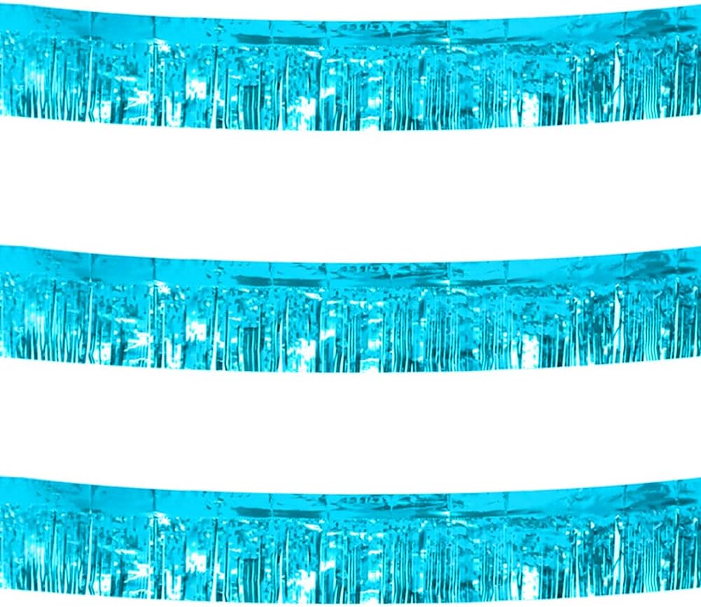3 Pack Total 30 Feet Foil Fringe Garland Light Blue Metallic Wall Hanging Drapes Tassel Skirting Teal Tinsel Streamers for Parade Float Trailer Mardi Gras Party Birthday Wedding (Turquoise)