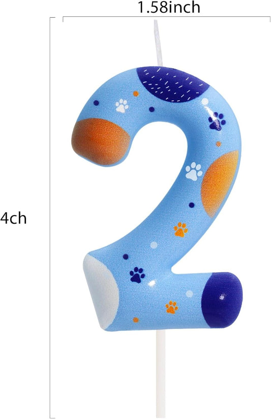 Blue Birthday Candle, Number 2 Paw Print Birthday Party Supplies, 2.76 inch Paw Cake Topper Decorations, Birthday Decorations (Number 2)