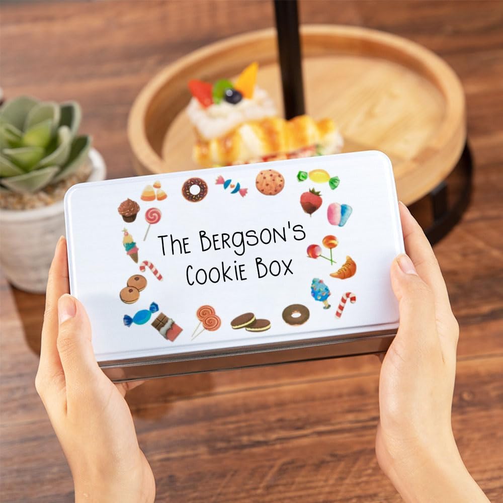 Personalized Cute Cookie Jar Tin with Lid, Custom Metal Candy Biscuit Snack Chocolate Storage Box for Kids Family, Christmas Holiday Party Supplies (S, M, L)