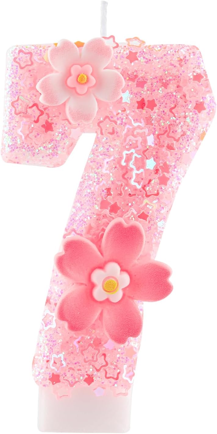 Cherry Blossom Pink Number 7 Birthday Candle, 2.8in Cute Shiny Happy 7th Birthday Candle with Tray & Stick Girls 7 Candle for 7 Birthday Ideal Birthday Parties Cake Decoration & Gifts