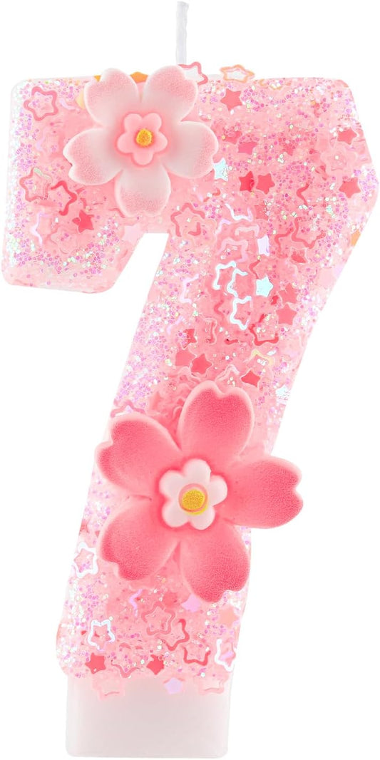 Cherry Blossom Pink Number 7 Birthday Candle, 2.8in Cute Shiny Happy 7th Birthday Candle with Tray & Stick Girls 7 Candle for 7 Birthday Ideal Birthday Parties Cake Decoration & Gifts