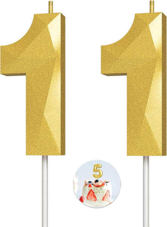 Number Birthday Candles(11 Candle Gold) 3D Diamond Shape Number Happy Birthday Cake Candles for Birthday Party Wedding Decoration Reunions Theme Party
