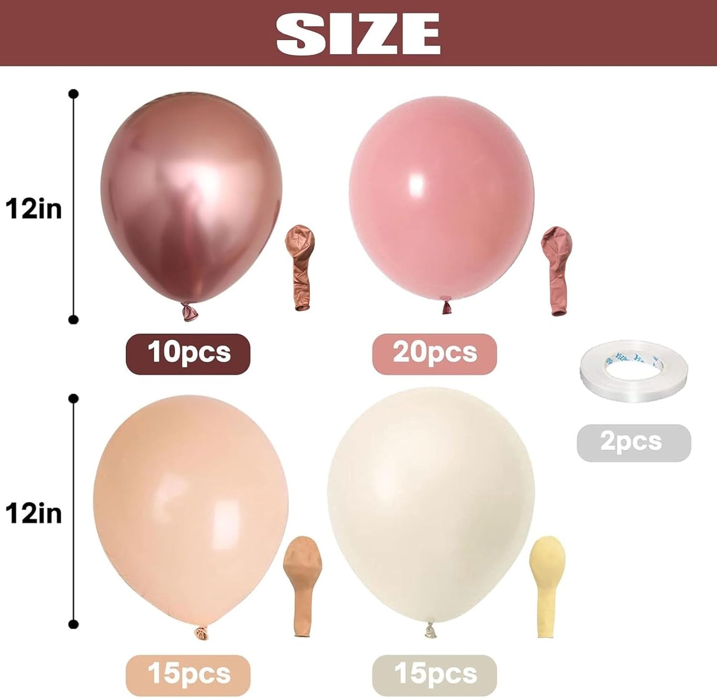 Retro Blush Pink Balloons, 60 Packs 12 Inch Dusty Pink Metallic Chrome Rose Gold White Sand Nude Balloons for Bridal Baby Shower Girls Boho Birthday Wedding Decorations Supplies