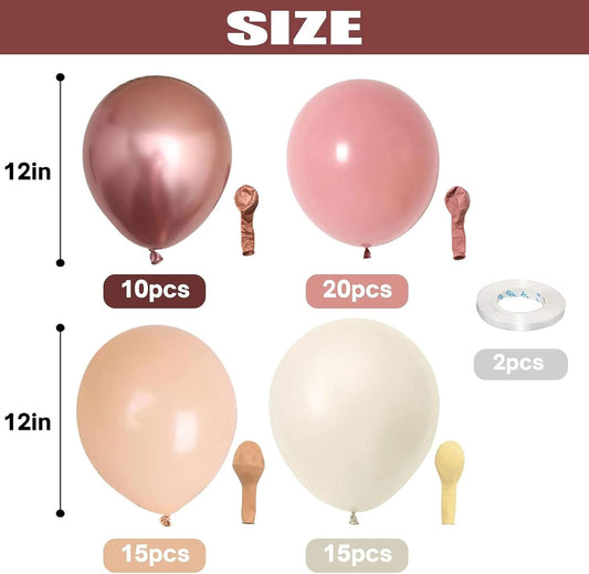 Retro Blush Pink Balloons, 60 Packs 12 Inch Dusty Pink Metallic Chrome Rose Gold White Sand Nude Balloons for Bridal Baby Shower Girls Boho Birthday Wedding Decorations Supplies