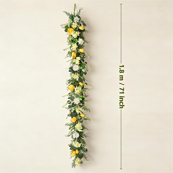 TEMPUS 6Ft Spring Artificial Eucalyptus Garland with Tulip, Hydrangea & Shamrock - St. Patrick's Day and Spring Decor Greenery for Mantle Table Centerpiece Wedding Baby Shower Party