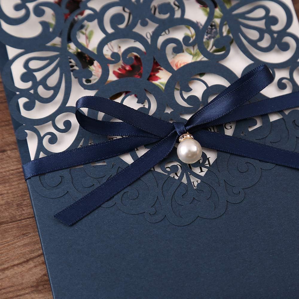 5X7.2 Inch 50PCS Personalized Laser Cut Navy Blue Wedding Invitations with RSVP Cards and Envelopes, Wedding Invitation Cards with Ribbon Belly Band Pearl Embellishments