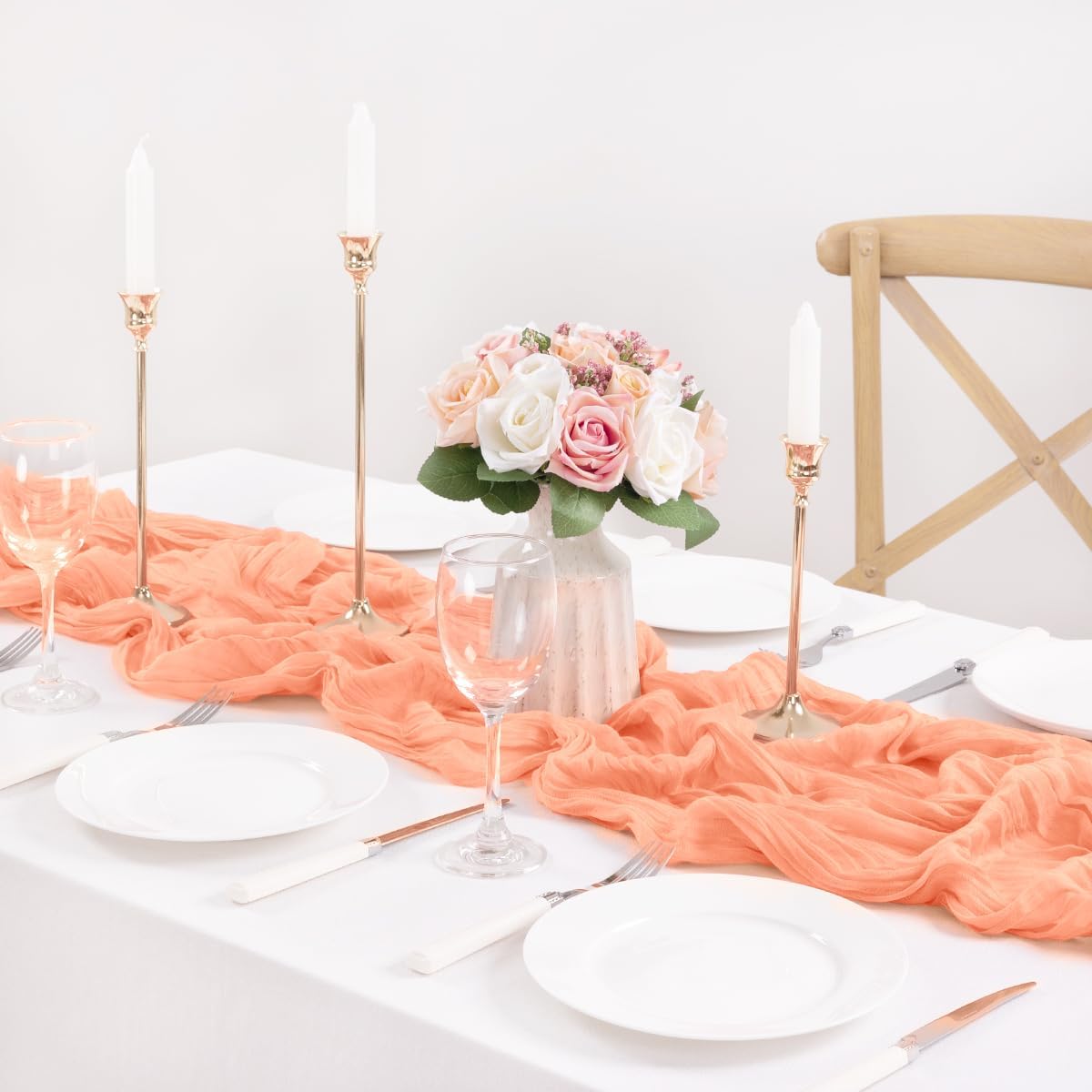 MLMC 3 Pack Peach Cheesecloth Table Runner 10ft Rustic Gauze Cheese Cloth Table Runner 35x120 Inches for Fall Wedding Bridal Baby Shower Party Decor