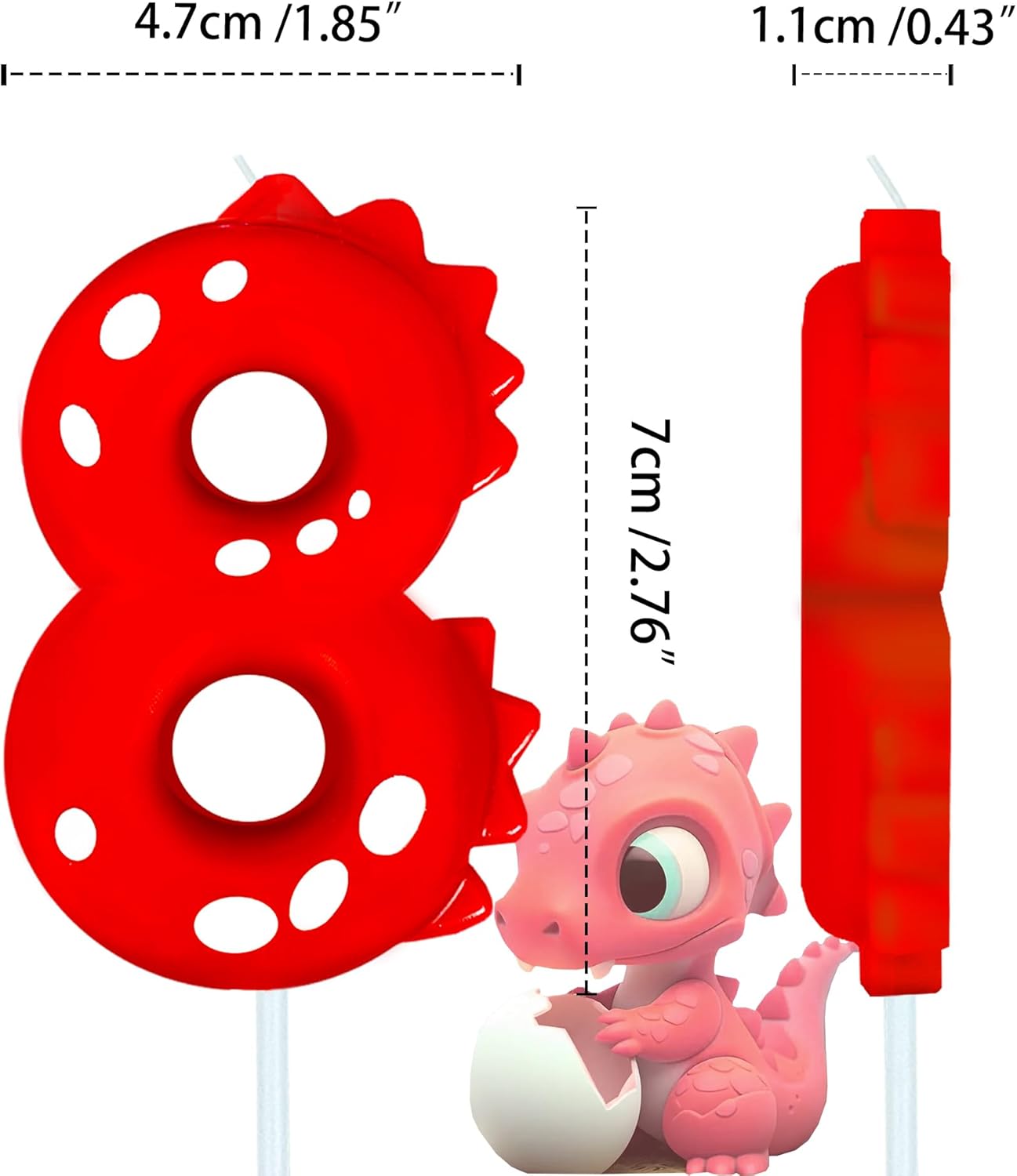 Number Birthday Candles(8 Candle Red) Dinosaur Shape Number Happy Birthday Cake Candles for Dinosaur Birthday Party Decoration Reunions Theme Party