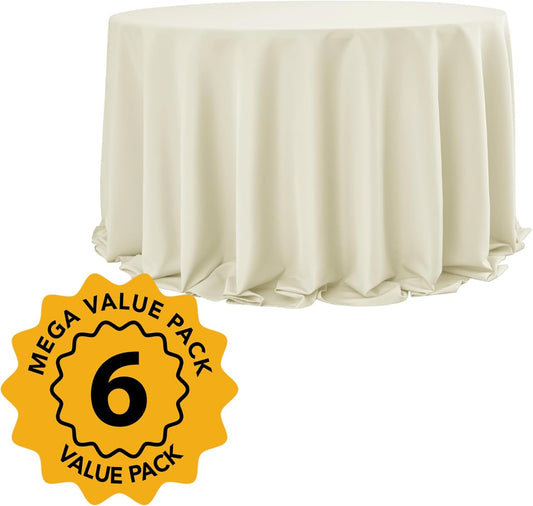 6-Pack Ivory Round Tablecloths, 132 Inches, Stain-Resistant Polyester for 6-8 Ft Round Tables - Washable Table Covers for Weddings, Banquets, Birthday Parties, Events