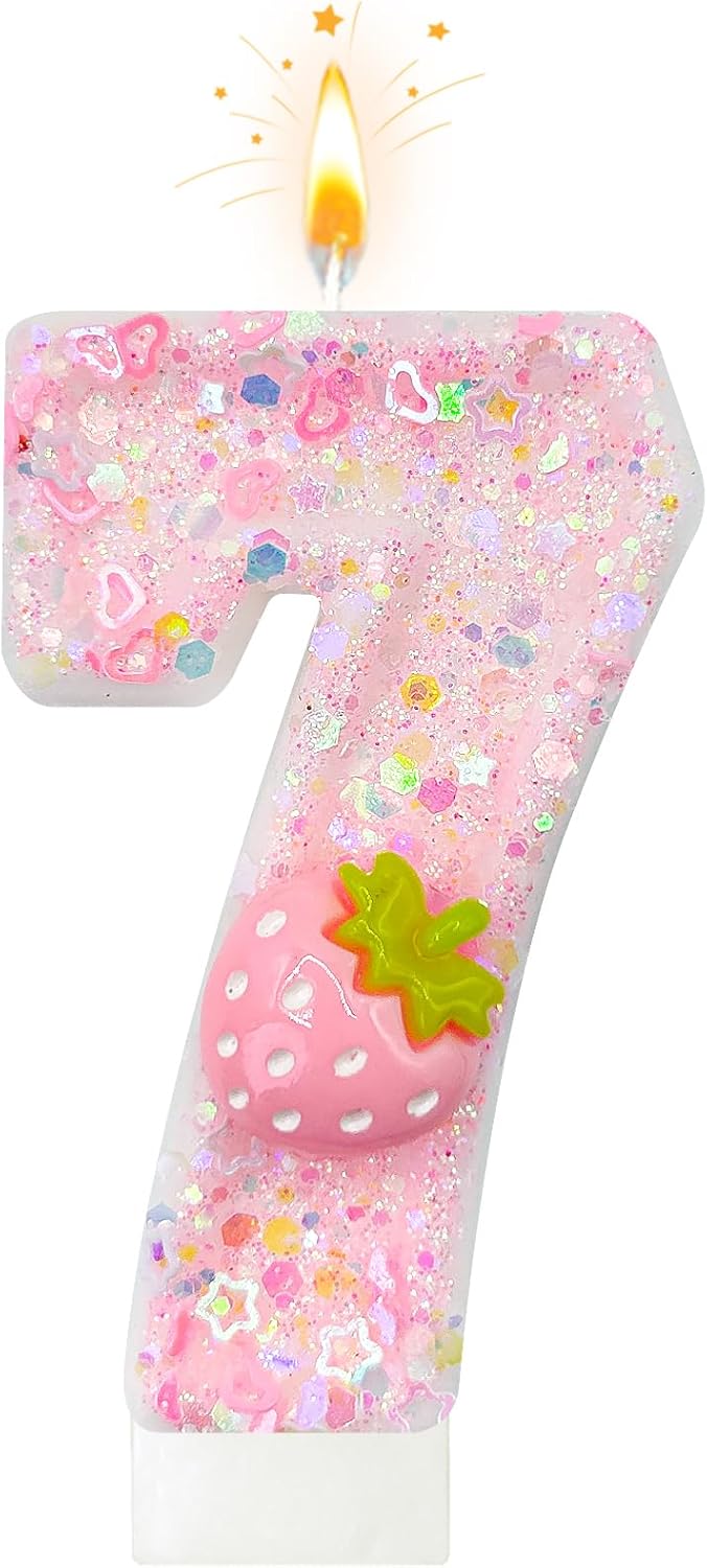 HXOUSE Strawberry Number 7 Birthday Candles - Pink Berry Birthday Candles for Cake, 7 Candle Topper for Anniversary Celebrations Supplies, Strawberry Party Decorations for Girl (No.7)