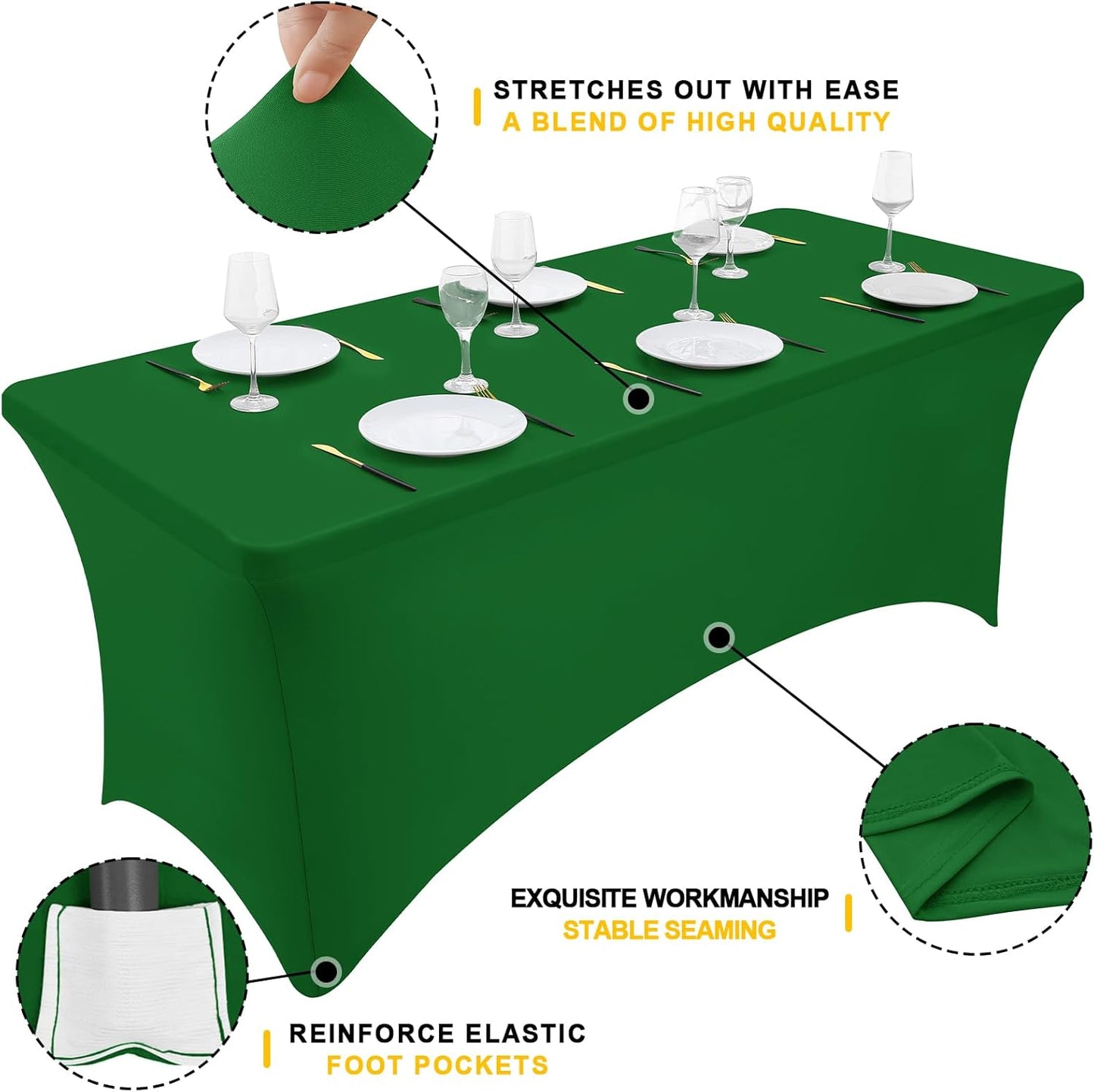 Smiry 2 Pack Spandex Table Cloth 8FT, Elastic Fitted Stretch Tablecloths, Washable and Wrinkle Free Rectangular Patio Table Cover for Outdoor, Wedding, Banquet (Emerald Green, 96Lx30Wx30H Inch)