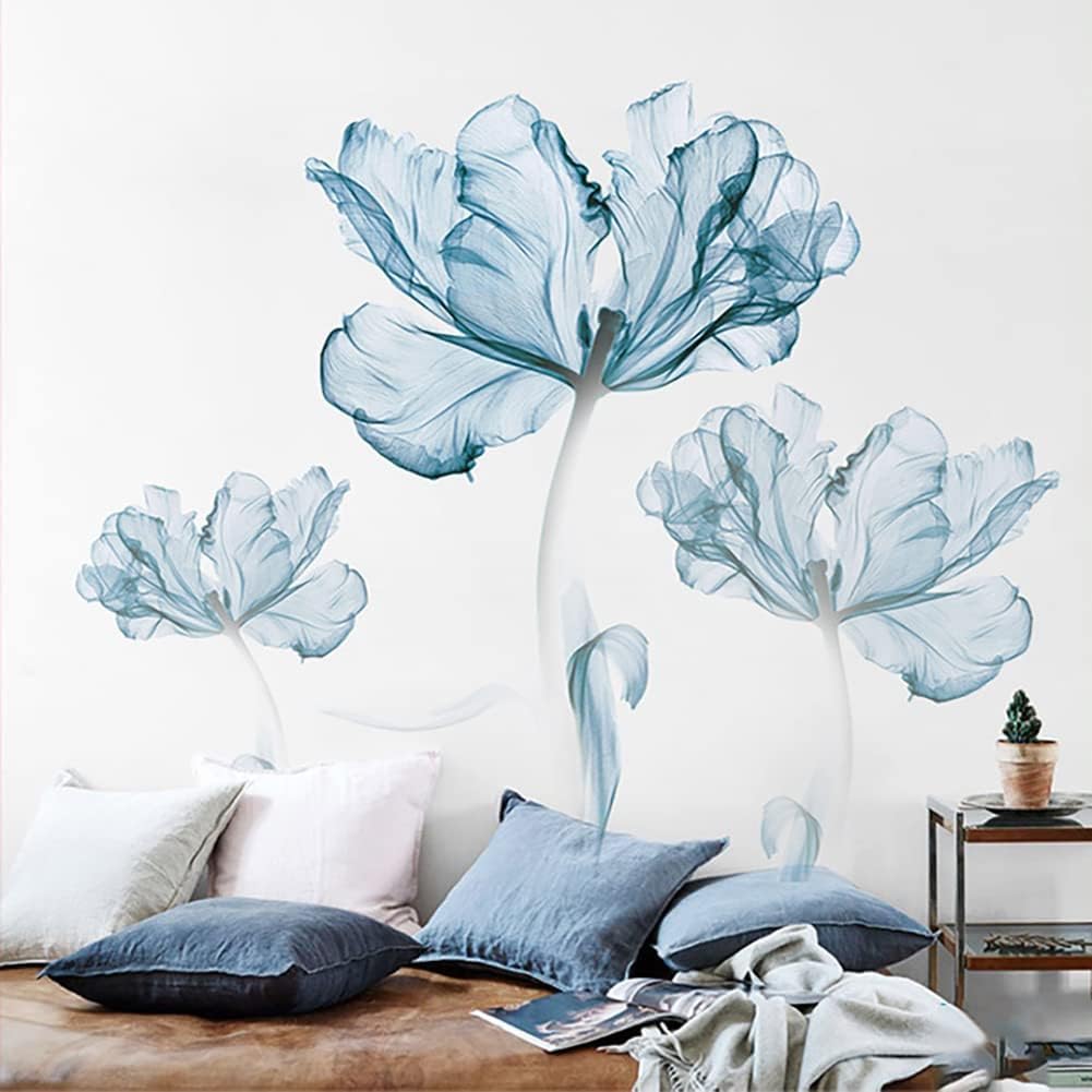Runtoo Large Blue Flower Wall Decals Poppy Floral Wall Art Stickers for Girls Bedroom Living Room Bathroom Office TV Background Decor