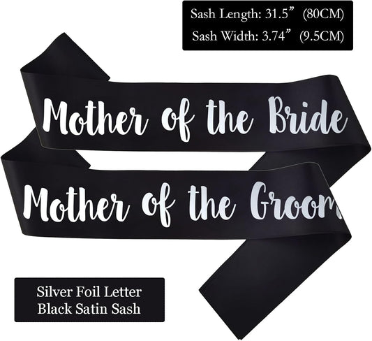 2 PACK Mother of the Bride and Groom Sashes, Black Sash with Silver Letters Bachelorette Sashes for Mother Bridal Shower Supplies Wedding Accessories