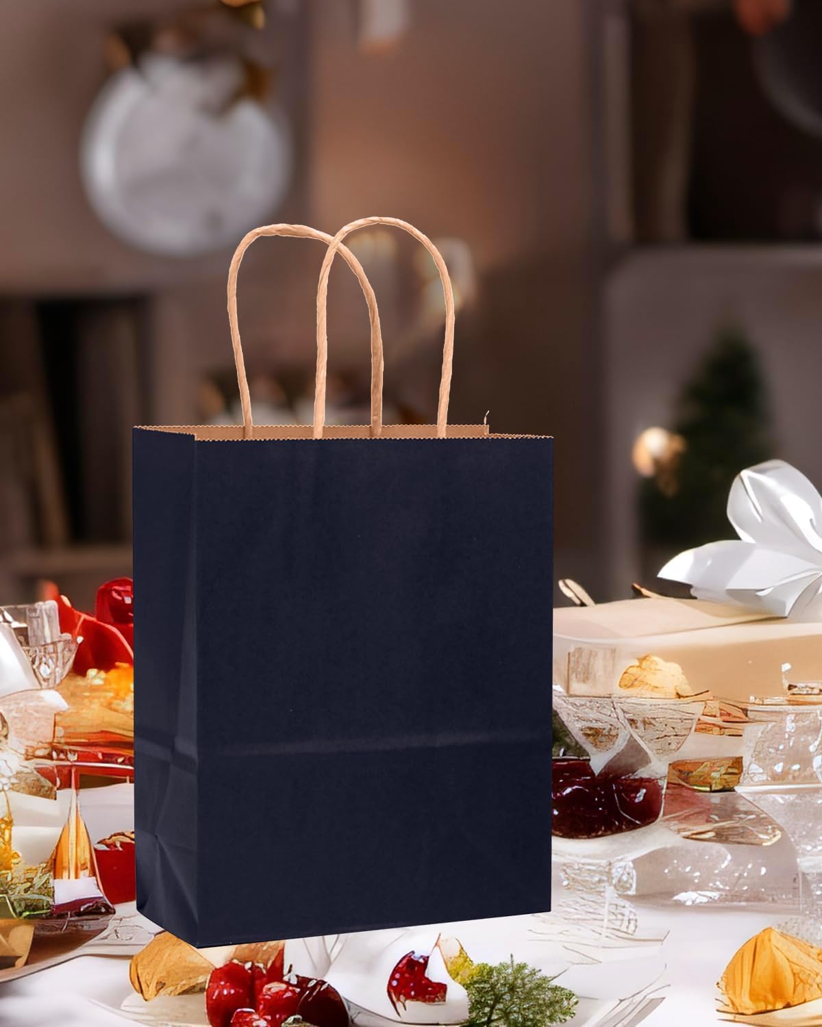 qiqee 100PCS Gift Bag with Handles Bulk Navy Blue Paper Bags Multiple Uses (11"x5"x8" Medium Size)