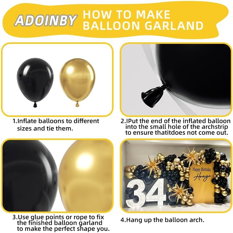 Black and Gold Balloon Arch Kit, 140Pcs Explosion Star Black and Metallic Gold Balloons 22 18 12 10 5 Inch Different Size Balloons for Birthday Anniversary Graduation New Year Decorations