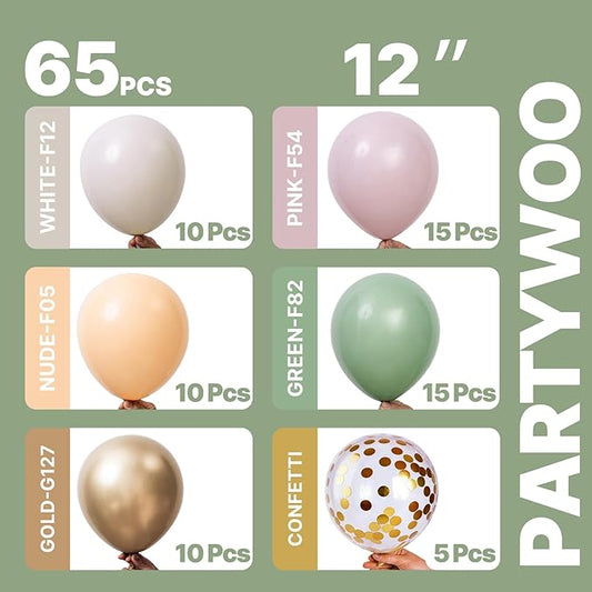 PartyWoo Pink and Green Balloons 65pcs 12 Inch Metallic Gold Sand White Sage Green Nude Dusty Pink Gold Confetti Balloons for Baby Shower Wedding Engagement Princess Birthday Party Decorations