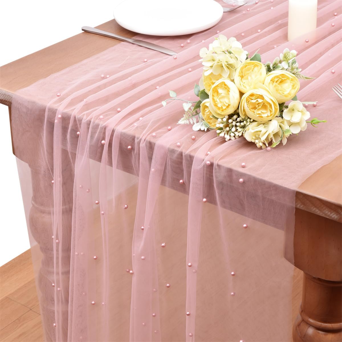 Dusty Rose Pearl Fall Thanksgiving Table Runner Boho Rustic Tulle Lace Table Runner for Baby Shower Wedding Arch Decor Veil Dessert Table Decor 3pcs