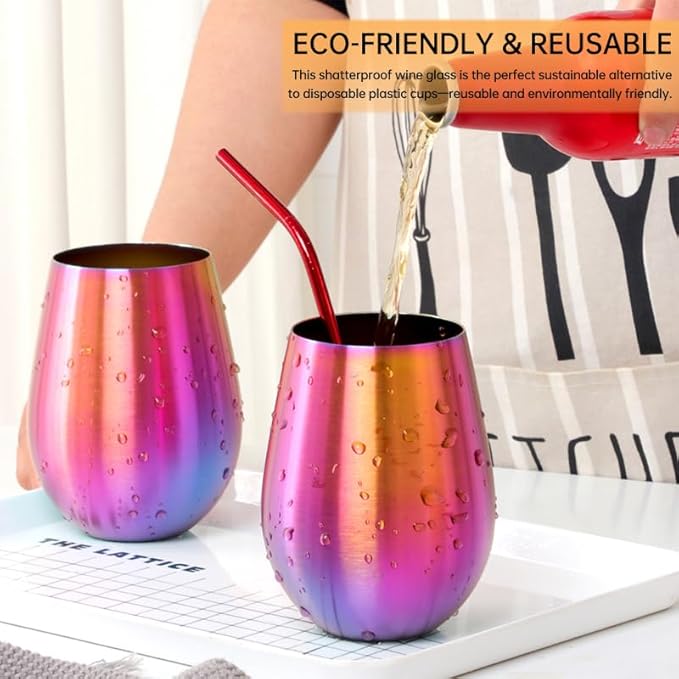 Buyer Star 304 Stainless Steel Wine Glasses Set of 4 - Large 17 oz Outdoor Stemless Wine Tumblers - 100% Unbreakable & Stemless Metal Drinking Cups for Home and Outdoors Dishwasher safe (Rainbow)