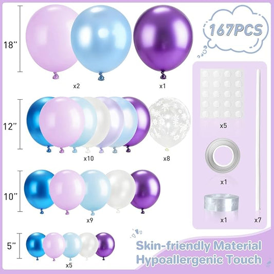 167Pcs Purple Blue Balloons Garland Arch Kit with Snow Confetti Different Sizes 18 12 10 5 inch for Princess Winter Wonderland Girl Baby Shower Birthday Wedding Party Decorations
