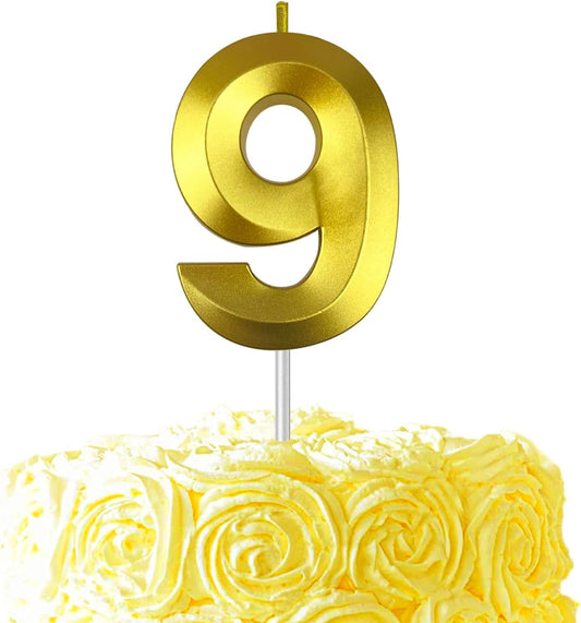 Gold Number 9 Candles, 3D Diamond 2.76 Inch Cake Topper Birthday Candles for Wedding Anniversary Cake Decorations, Happy Birthday Party Decorations