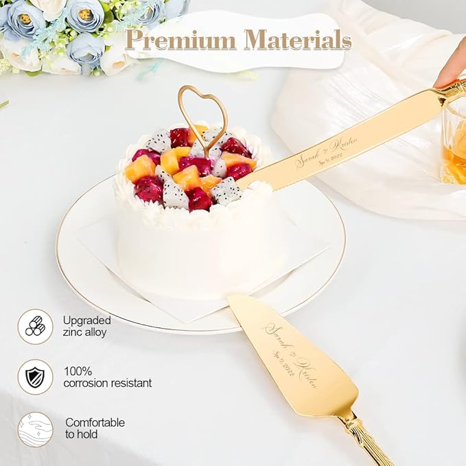 TUKDAK Cake Cutting Set for Wedding, Personalized Gold Cake Knife and Server Set, Custom Cake Serving Set, Engraved Pastry Pie Server Cake Pizza Cutter, Birthday Bridal Gift (CUS-Romance)