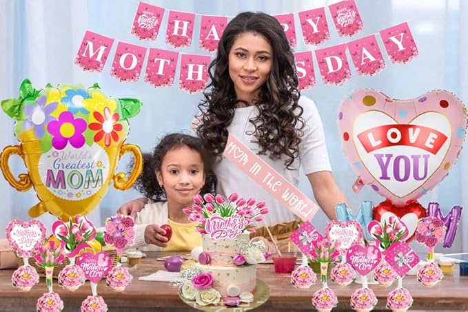 CHUMIRRY Mother's Day, Mom Party Birthday Decorations, Mother’s Day Party Decoration Set | Includes Foil Balloons, Banner, Cupcake Toppers, Sash, & Greeting Card | Perfect for Celebrating Mom