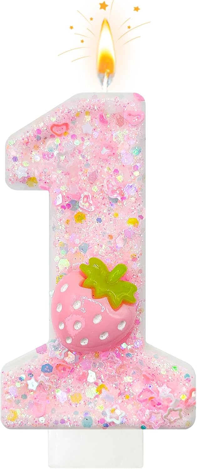 HXOUSE Strawberry Number 1 Birthday Candles - Pink Berry Birthday Candles for Cake, 1 Candle Topper for Anniversary Celebrations Supplies, Strawberry Party Decorations for Girl (No.1)