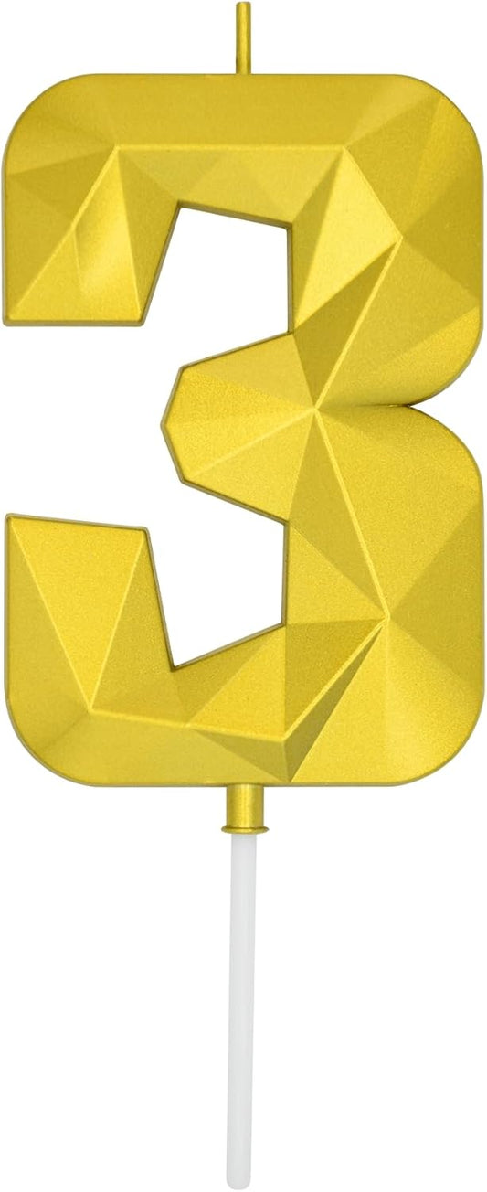 DERVENTA Large Birthday Candle Number 3D Gold 3.7 inch Party Celebration Anniversary Decoration Cake Topper 1 Piece (Number 3 Gold)