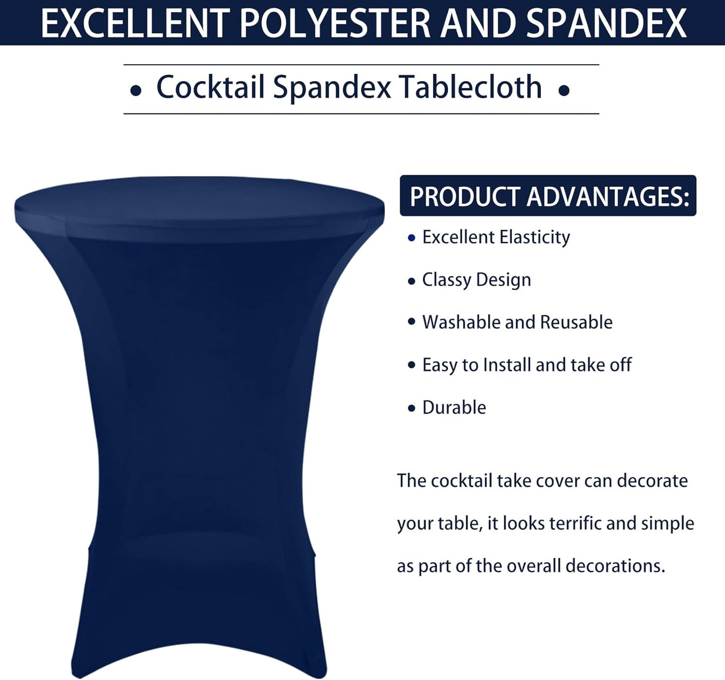 3 Pack Cocktail Spandex Tablecloth 32"x43" Cocktail Table Cover Fitted for High Top Round Tables for Bar Wedding Birthday Party Banquet (Navy Blue)