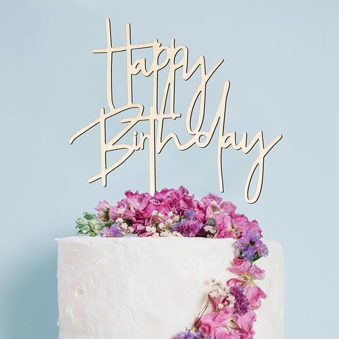Happy Birthday Cake Topper Mirror Acrylic Cake Topper Side Cake Topper Gold Cake Insert Cake for Birthday Party (Wooden-4(4.3 * 5.9in))
