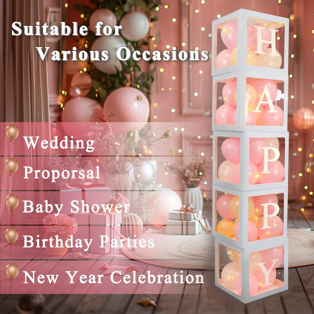 Ledido Transparent Balloon Boxes, Clear Balloon Boxes with 5 Pcs String Lights and 78 Letters for Baby Shower Gender Reveal Grad Birthday Party Anniversary Bridal Wedding Decor - 5 White Boxes
