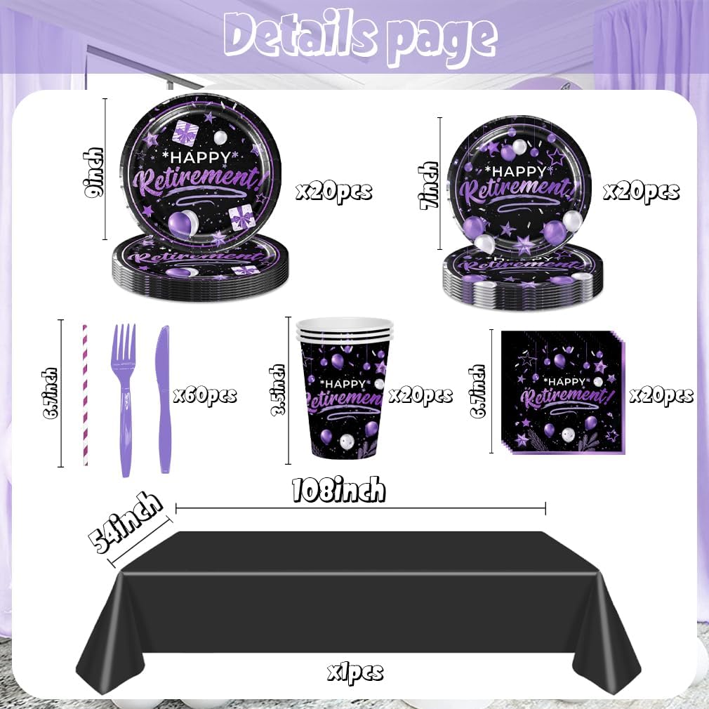 141pcs Retirement Party Decorations,Black and Purple Party Disposable Tableware,Includes Dinner Plate Dessert Plate Paper Napkin Cup Knife Fork Straws Tablecloth Black Purple Retirement Supplies set