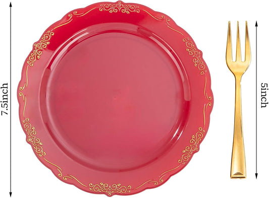 LIYH 100 Pcs Burgundy Gold Plastic Dessert Plates with 100 Pcs Gold Dessert Forks, Disposable Red Salad Plates Includes 100 Appetizer Plate 7.5"and 100 Golden Cake Forks 5 "
