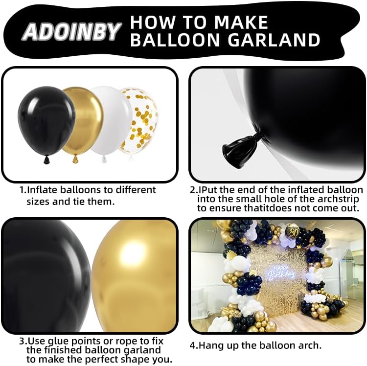 Black and Gold Balloon Arch Kit, ADOINBY 140Pcs Black White Metallic Gold Confetti Latex Balloons 18 12 10 5 Inch Different Size Balloons for Birthday Anniversary Graduation Wedding Party Decorations