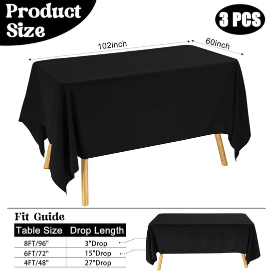 3 Pack Rectangle Black Table Cloth Bulk Washable Polyester Table Cover for Wedding Dining Table Buffet Parties Banquet Decoration（60x102Inch, Black）