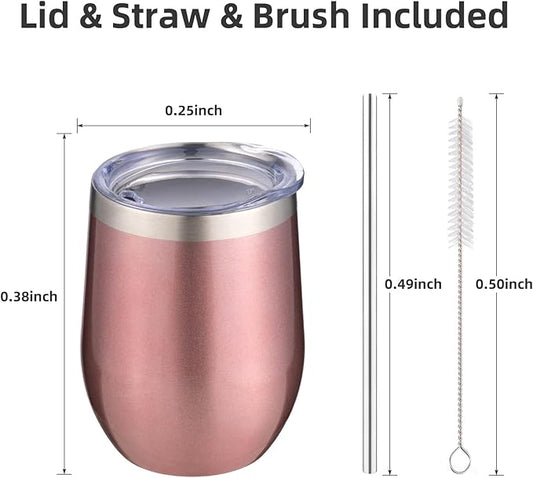 12 oz Insulated Wine Tumbler with Lid and Straw,Stainless Steel Stemless Wine Tumbler Glasses 16 Packs Double Wall Vacuum Wine Cups Tumbler Bulk for Champaign,Beer,Cocktail,Office,16 Colors