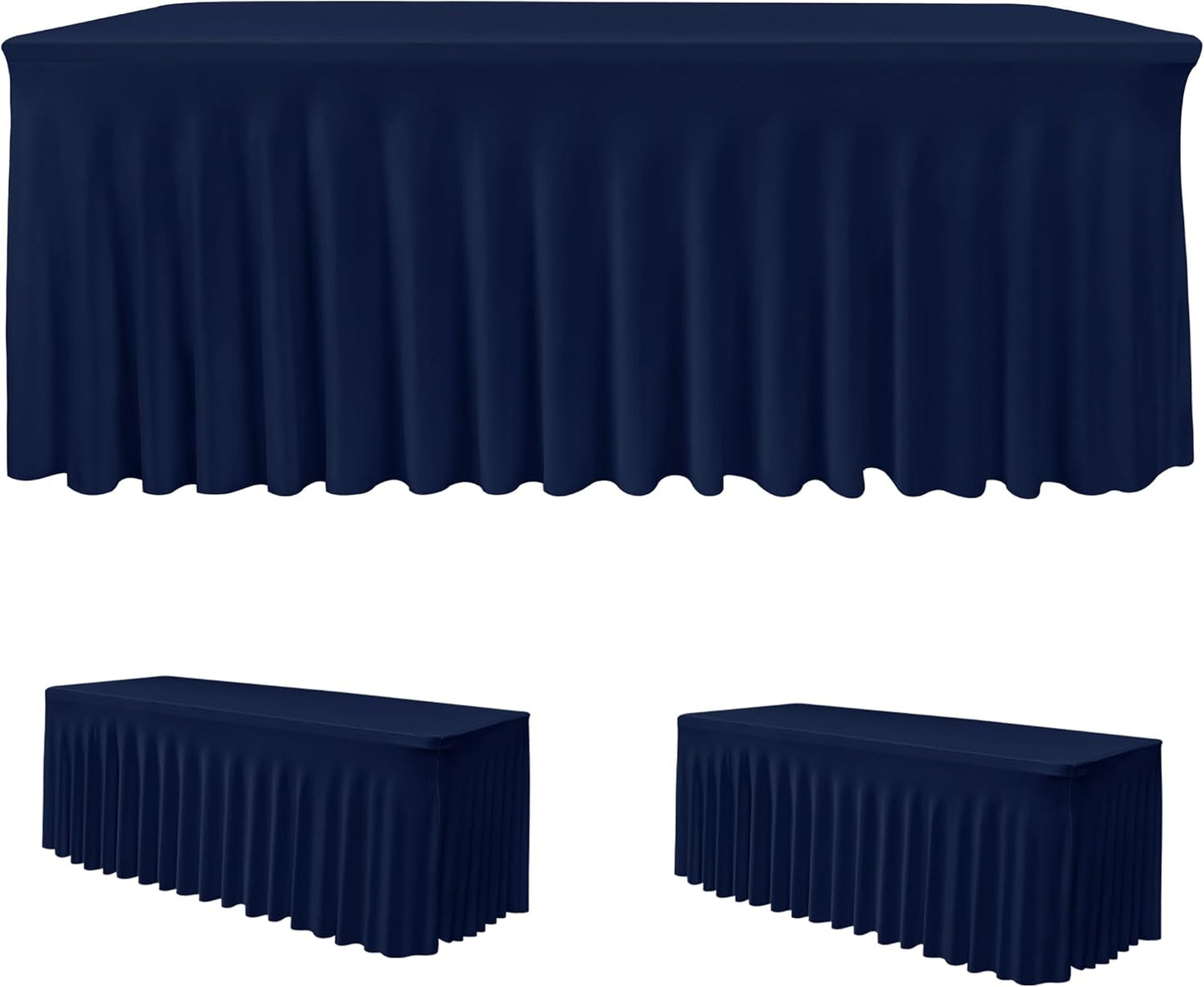 HolidayIdeas 8ft Spandex Tablecloth 2 Pcs Fitted Stretch Table Skirts 30x96 Inch,Navy Blue Ruffle Design Wrinkle-Free Polyester Table Cover for Vendor Booth, Parties Banquets, Events