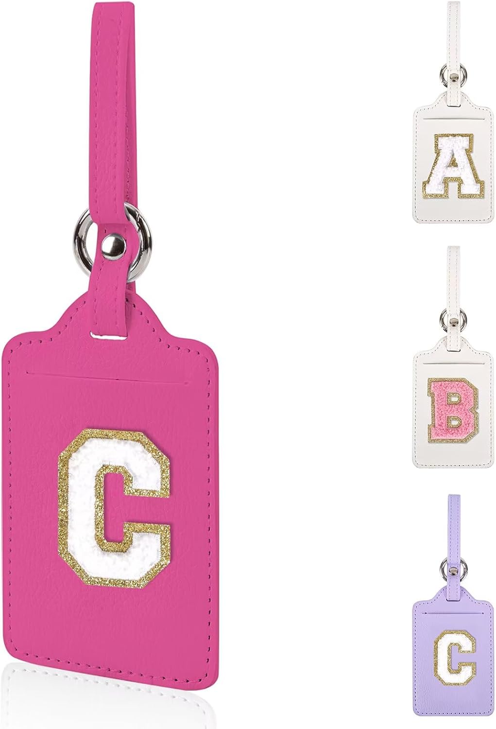 Personalized Initial Luggage Tags for Suitcases, Leather Chenille Letter Cute Luggage Tags with Privacy Name Card, Embroidered Travel Bag Backpack Tags Gifts for Women Kids Girls Teens(Rosered-C)