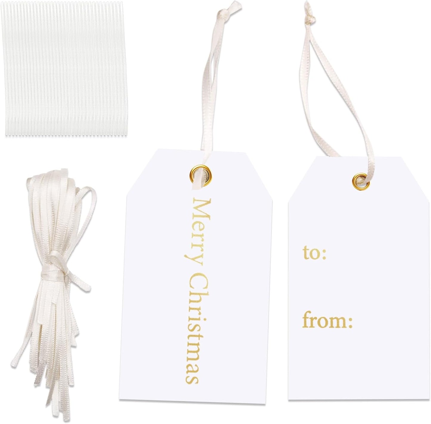 36pcs White Christmas Gifts Tags with Pre-cut Satin Strings, 3.7" X2.2" Rectangular Merry Christmas Tags Bulk, Gold Foil Letterpress Xmas Presents Name Label for Your Holiday Gift Wrapping Accessories