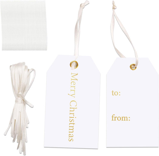 36pcs White Christmas Gifts Tags with Pre-cut Satin Strings, 3.7" X2.2" Rectangular Merry Christmas Tags Bulk, Gold Foil Letterpress Xmas Presents Name Label for Your Holiday Gift Wrapping Accessories