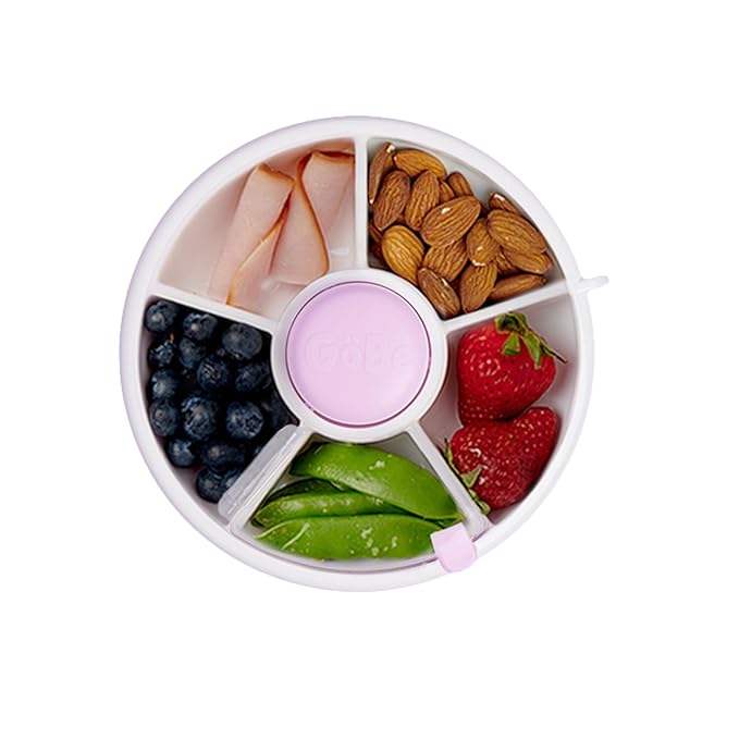 GoBe Kids Small Snack Spinner Flip Bundle with Hand Strap and Sticker Sheet - Reusable Snack Container with 5 Compartment Dispenser and Lid | BPA/PVC Free | Dishwasher Safe | No Spill - Taro Purple