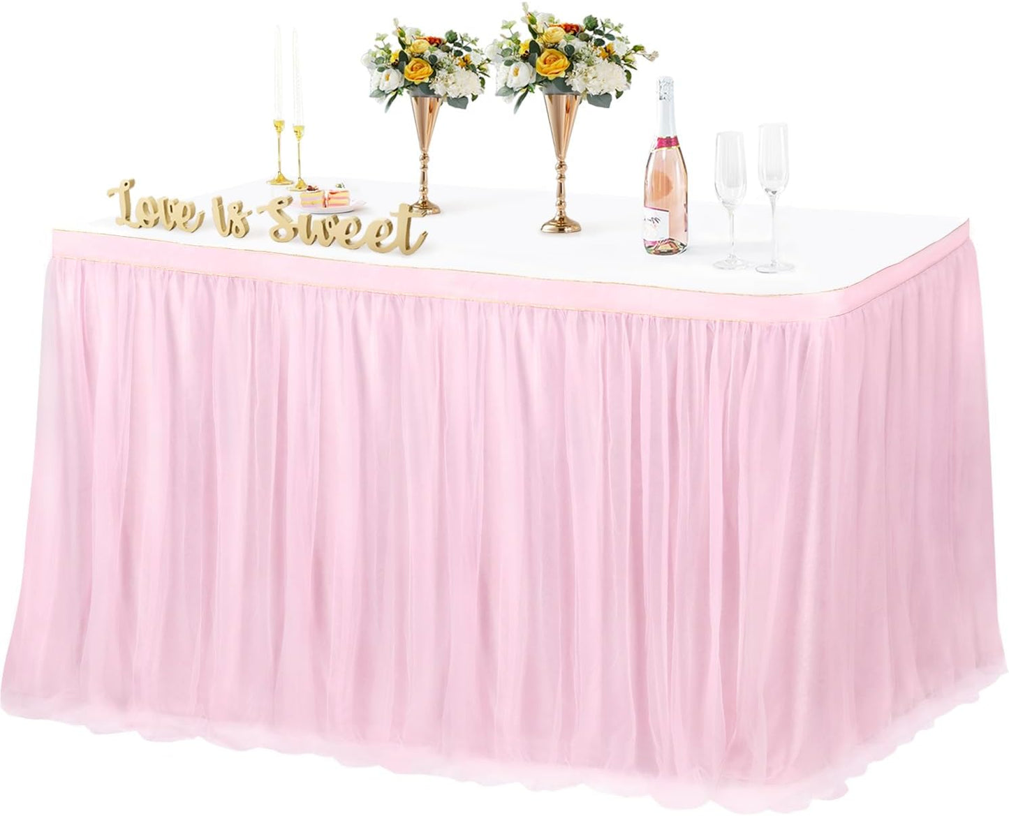 9FT Pink Tulle Table Skirts for Rectangle or Round Tables Tulle Tablecloth Princess Birthday Party TableSkirt 108X30.3'' 2 Layer Tutu Table Cloth for Girl Baby Shower Wedding Party Decorations
