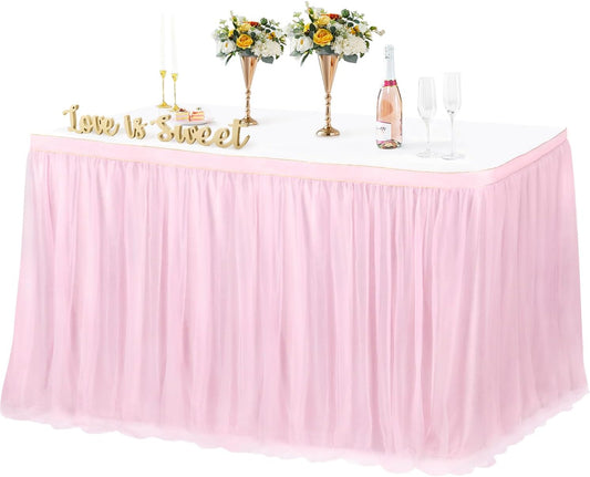 6ft Pink Tulle Table Skirts Baby Shower Tulle Tablecloth for Rectangular Tables Tutu TableSkirt Desk Skirt 72in Round Ruffle Table Cover for Princess Birthday Party Cake Dessert TableDecorations
