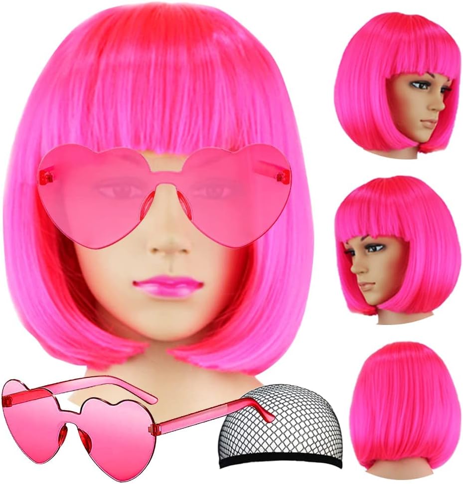 Short Bob Colors Wigs with Bangs, 6Pcs Cosplay Wig with Heart Sunglasses for Halloween Bachelor Party Decorations