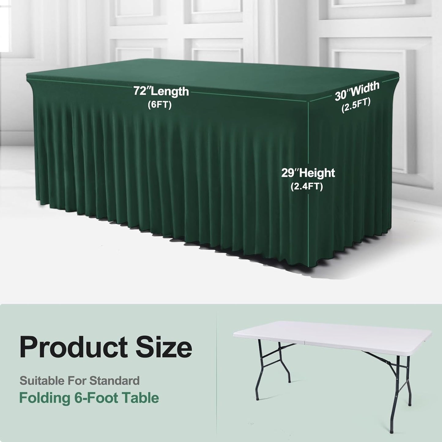 Table Skirts for Rectangle Tables 6ft - One-Piece Hunter Green Tablecloths and Skirt, Wrinkle Resistant Ruffles Elastic Cover for Banquets, Weddings, Events, Parties