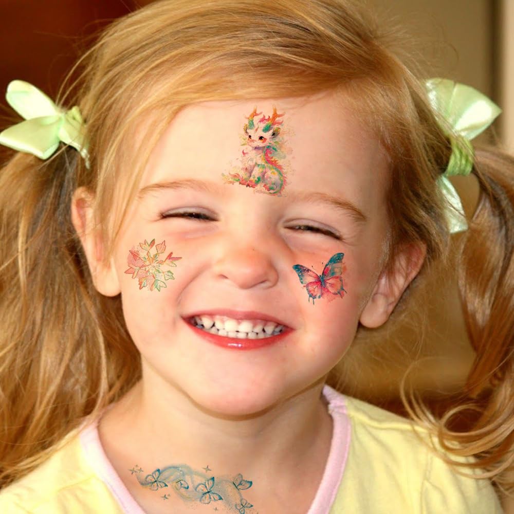Glitter Animals Tattoos for Kids, 12 Sheets Glitter Dragon Cat Panda Tiger Elephant Panda Giraffe Temporary Tattoos for Kids Animals Themed Party Birthday Party Supplies Gifts Decoration