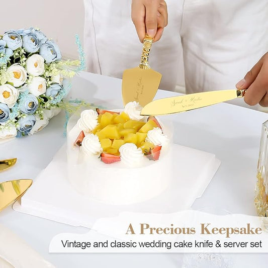 TUKDAK Cake Cutting Set for Wedding, Personalized Gold Cake Knife and Server Set, Custom Cake Serving Set, Engraved Pastry Pie Server Cake Pizza Cutter, Birthday Bridal Gift (CUS-Tassel)