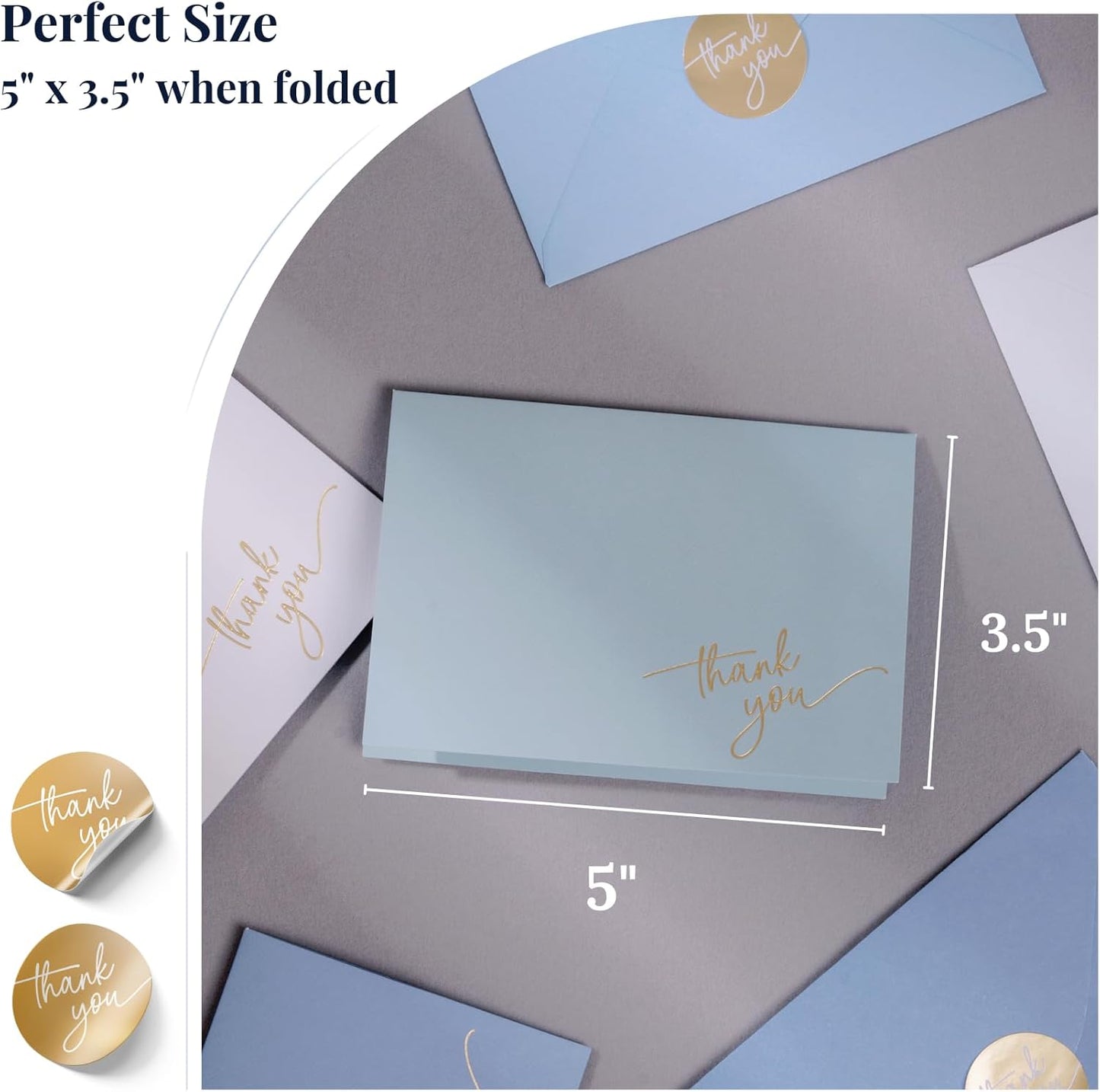 Gold Foil Thank You Cards - Bulk Pack of 40, 5x3.5 Inch with Matching Stickers & Envelopes (Blue) Textured Surface for a Unique Feel - Suitable for Baby Shower, Wedding, Small Business, Graduation