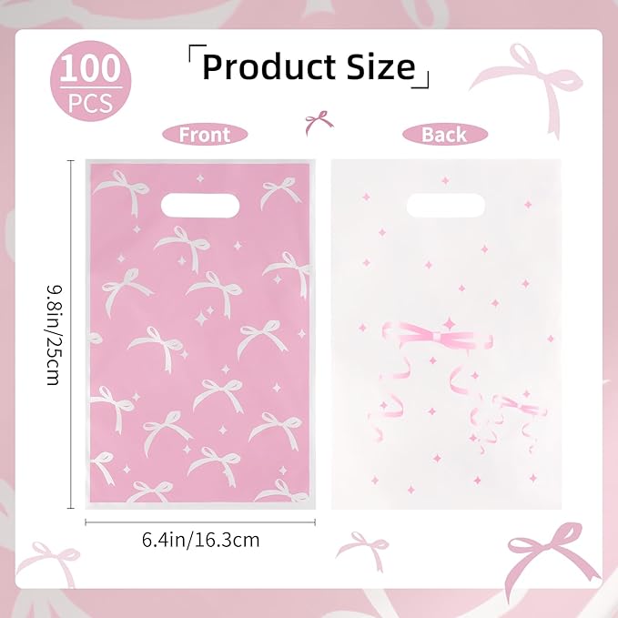ARPOVIST 100 Pcs Pink Bow Gift Bags,9.8" x 6.5" Coquette Plastic Goody Bag with Handles for Baby Shower, Bridal, Birthday, Bachelorette, Engagement, Wedding,Candy Treat Bags Bulk